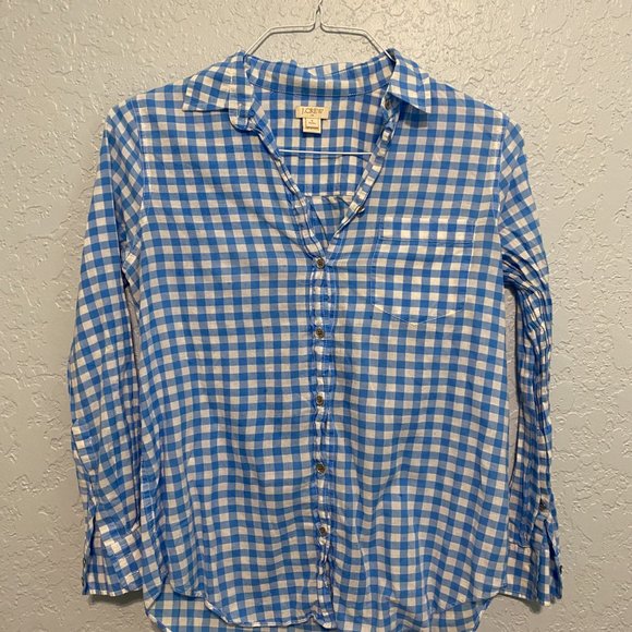 🩵 J. Crew Factory Light Blue and White Gingham Check Long Sleeve Blouse - Picture 1 of 3
